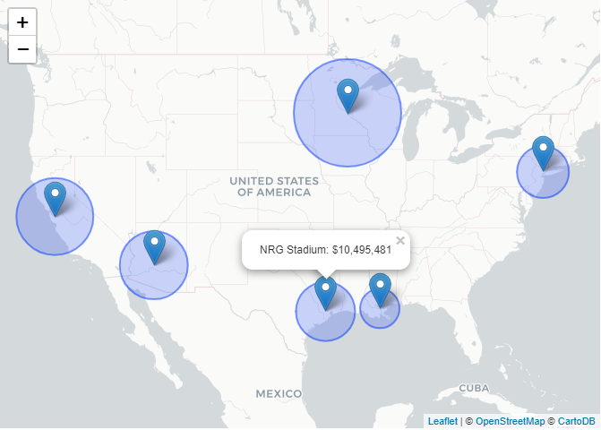 Leaflet Map of past superbowl sales